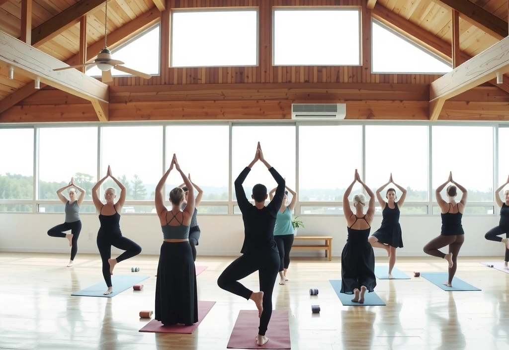 A group of people performing a gentle Hatha yoga pose in a bright studio