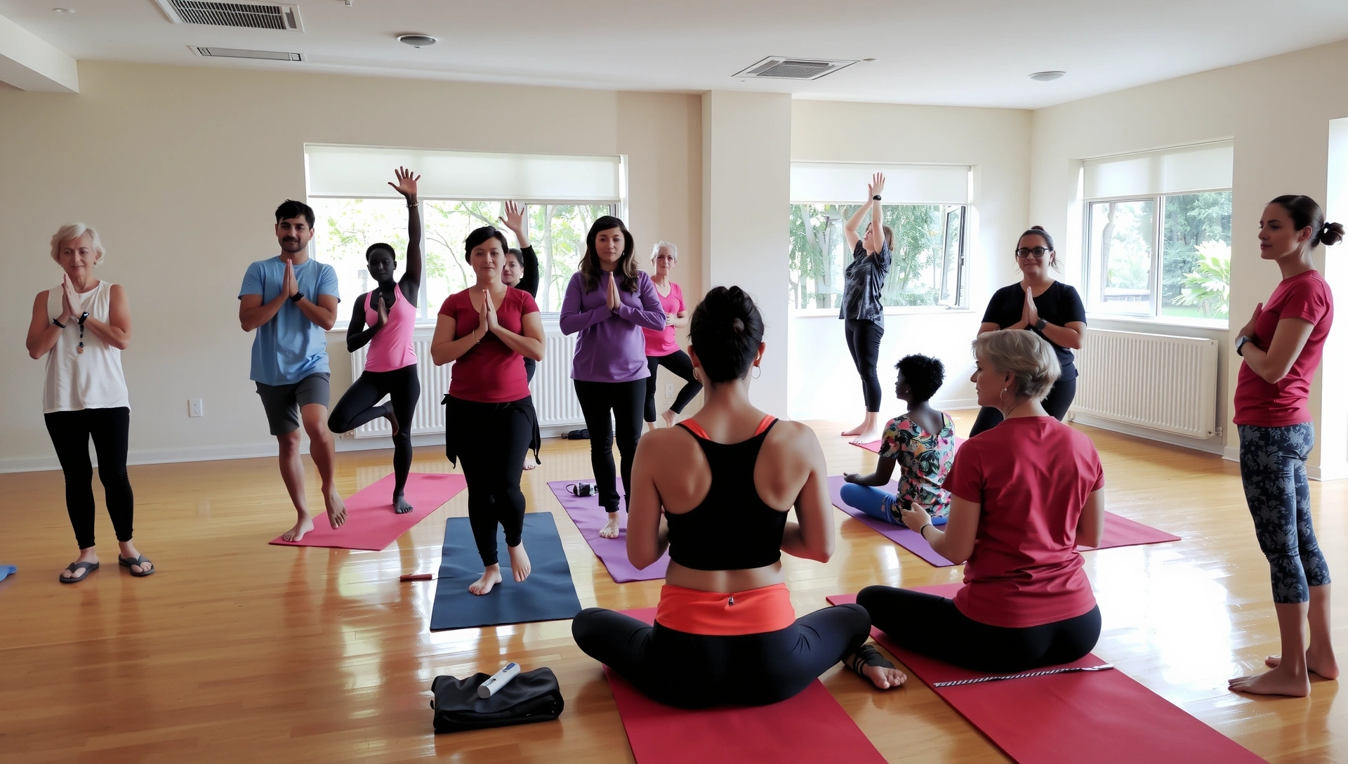 Diverse group of people practicing different yoga poses in a serene studio