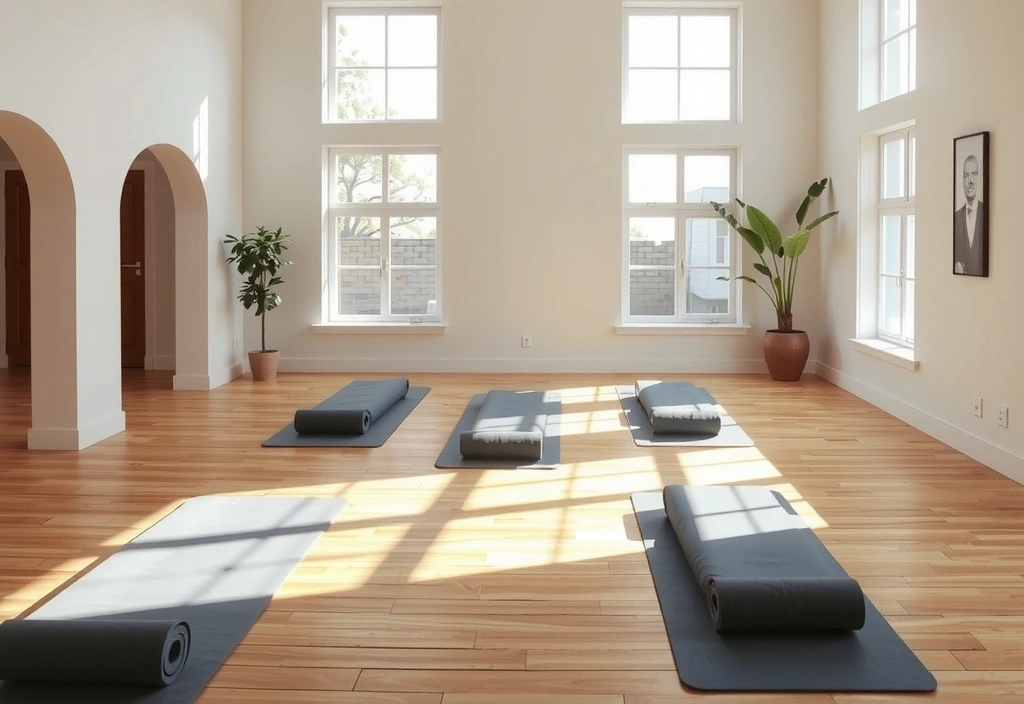 Yoga studio with mats laid out and soft lighting