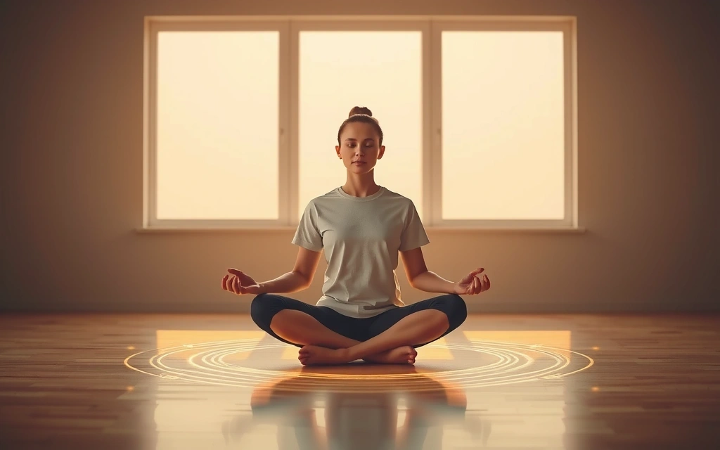 A person meditating peacefully in a yoga studio, representing data privacy and tranquility.