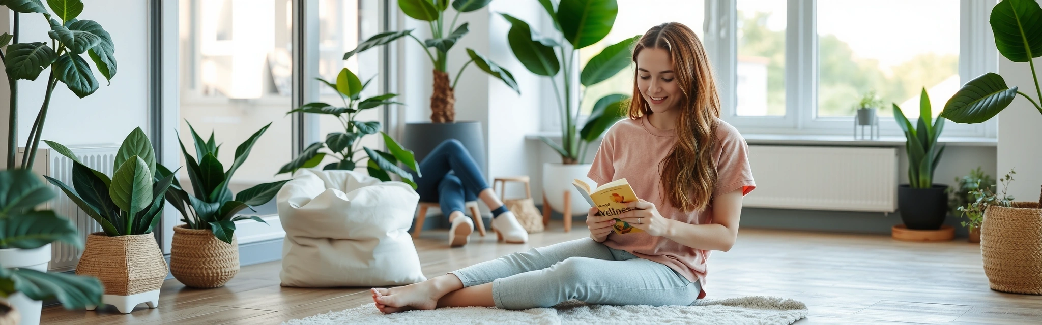 A person sitting peacefully, reading a book amidst lush green plants, embodying tranquility and focus