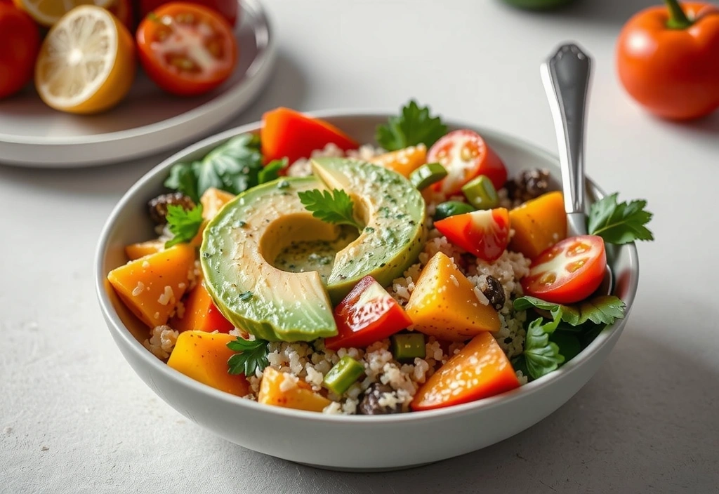 A vibrant bowl of fresh, colorful salad with various vegetables and a light dressing