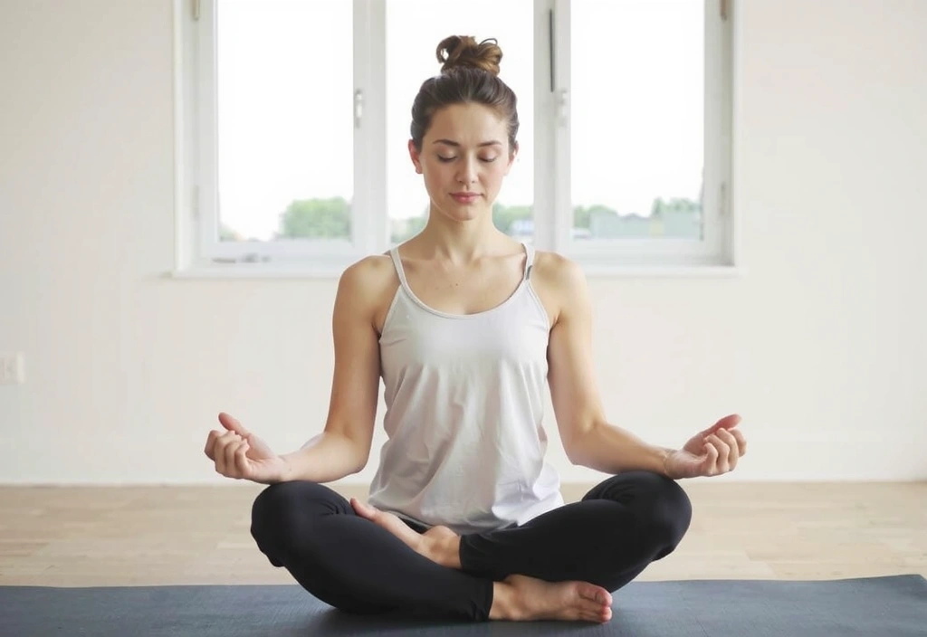 Person meditating peacefully in a serene yoga studio with soft lighting
